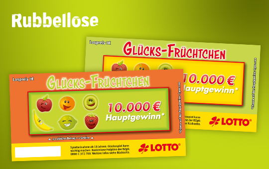 Glücks-Früchtchen-Rubbellos, auch online spielbar, 10.000 € Hauptgewinn