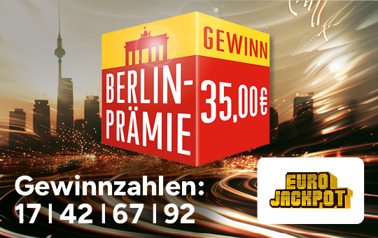 Berlin-Prämie Eurojackpot Gewinn 35 €, Gewinnzahlen 17, 42,67,92