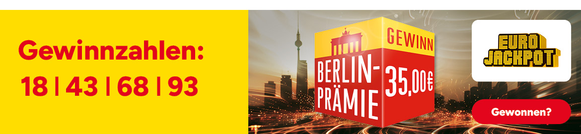 Berlin-Pr&auml;mie EUROJACKPOT, Gewinnzahlen 18, 43, 68, 93