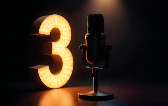 Mikrofon zur Podcast-Aufnahme mit leuchtender 3 dahinter