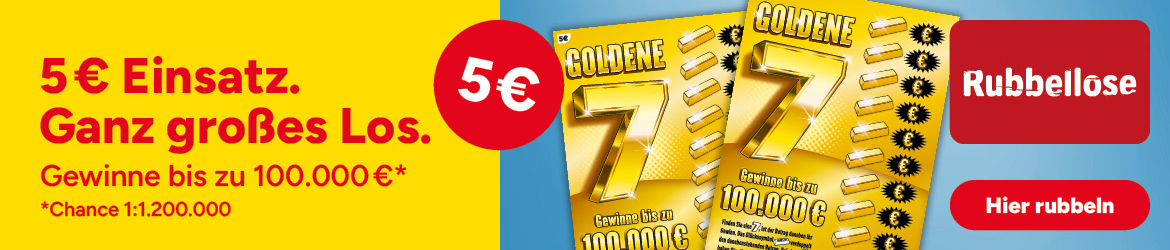 Goldene 7-Rubbellos, 5 &euro;, Gewinne bis zu 100.000 &euro; (Chance 1:1.200.000)