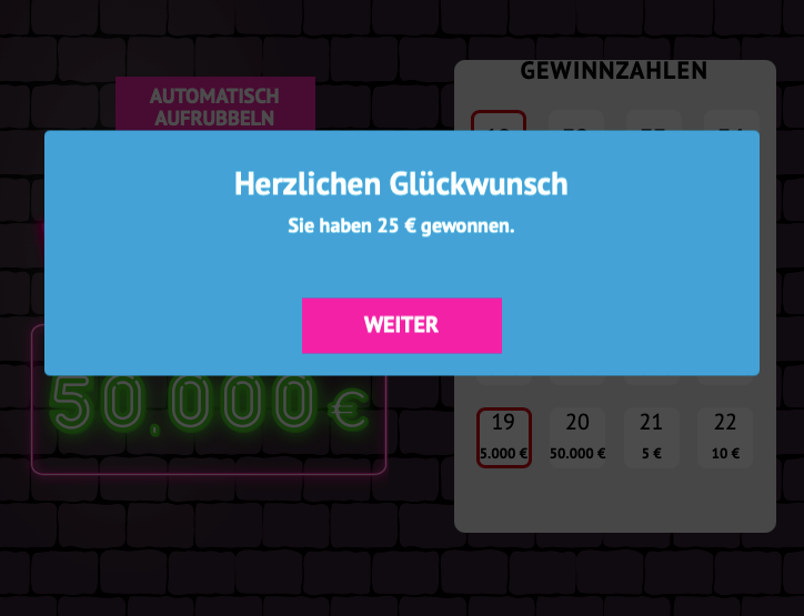 Herzlichen Glückwunsch, Sie haben 25 € gewonnen (Beispiel) mit Weiter-Button