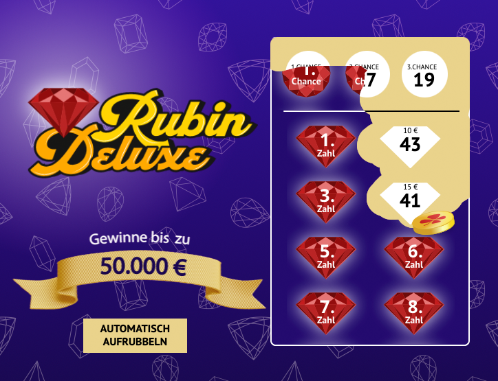 Rubin Deluxe Online Rubbellos, Gewinne bis zu 50.000 €, Feld zum aufrubbeln, Automatisch-Aufrubbeln-Button