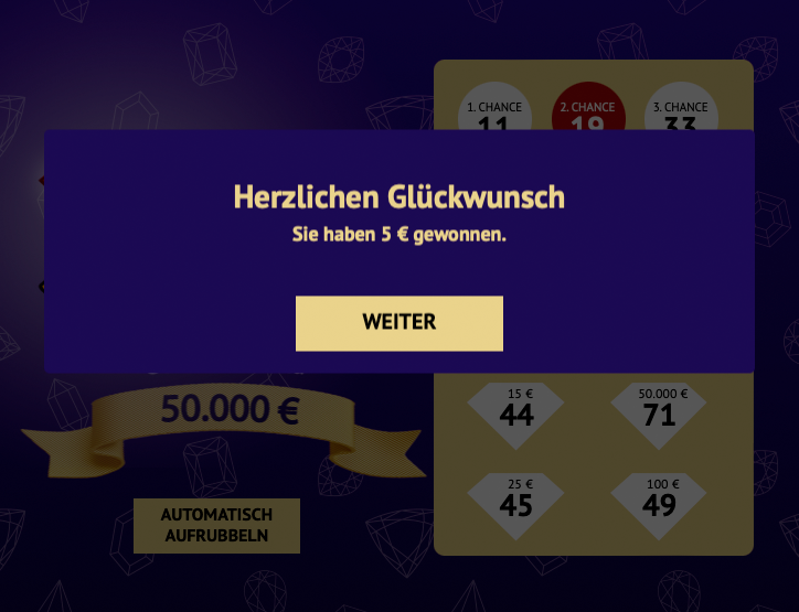Herzilichen Glückwunsch, Gewinnbenachrichtigung 5 €, Weiter-Button