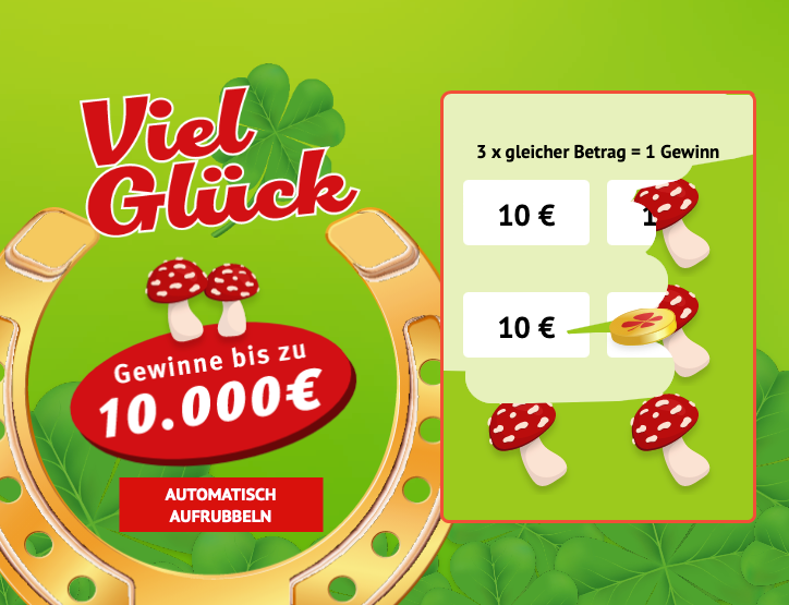 Viel Glück Rubbellos, Gewinne bis zu 10.000 €, automatisch oder manuell aufrubbeln