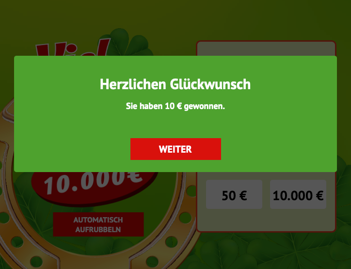 Herzlichen Glückwunsch, Sie haben 10 € gewonnen (Beispiel)