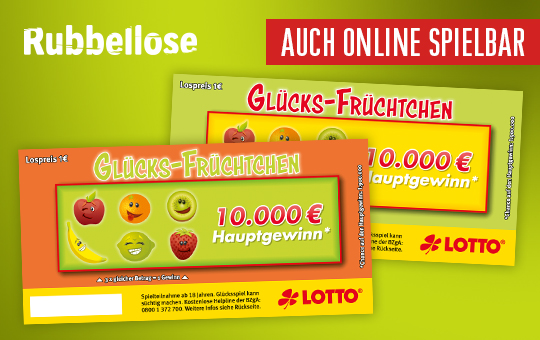 Glücks-Früchtchen-Rubbellos, auch online spielbar, 10.000 € Hauptgewinn